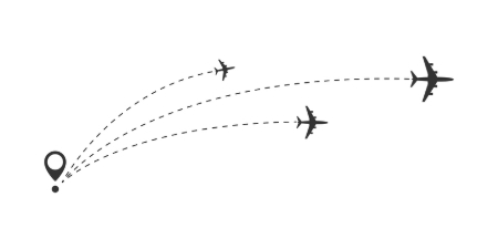 Three planes taking off from the same point, with different trajectories.