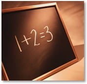 equation on a blackboard: 1 + 2 = 3